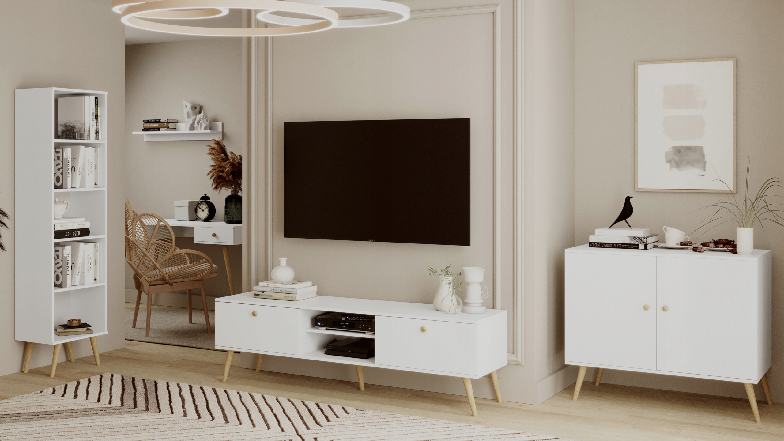 Regał BOHO drewniane nogi BIAŁY MAT Szerokość mebla 46 cm