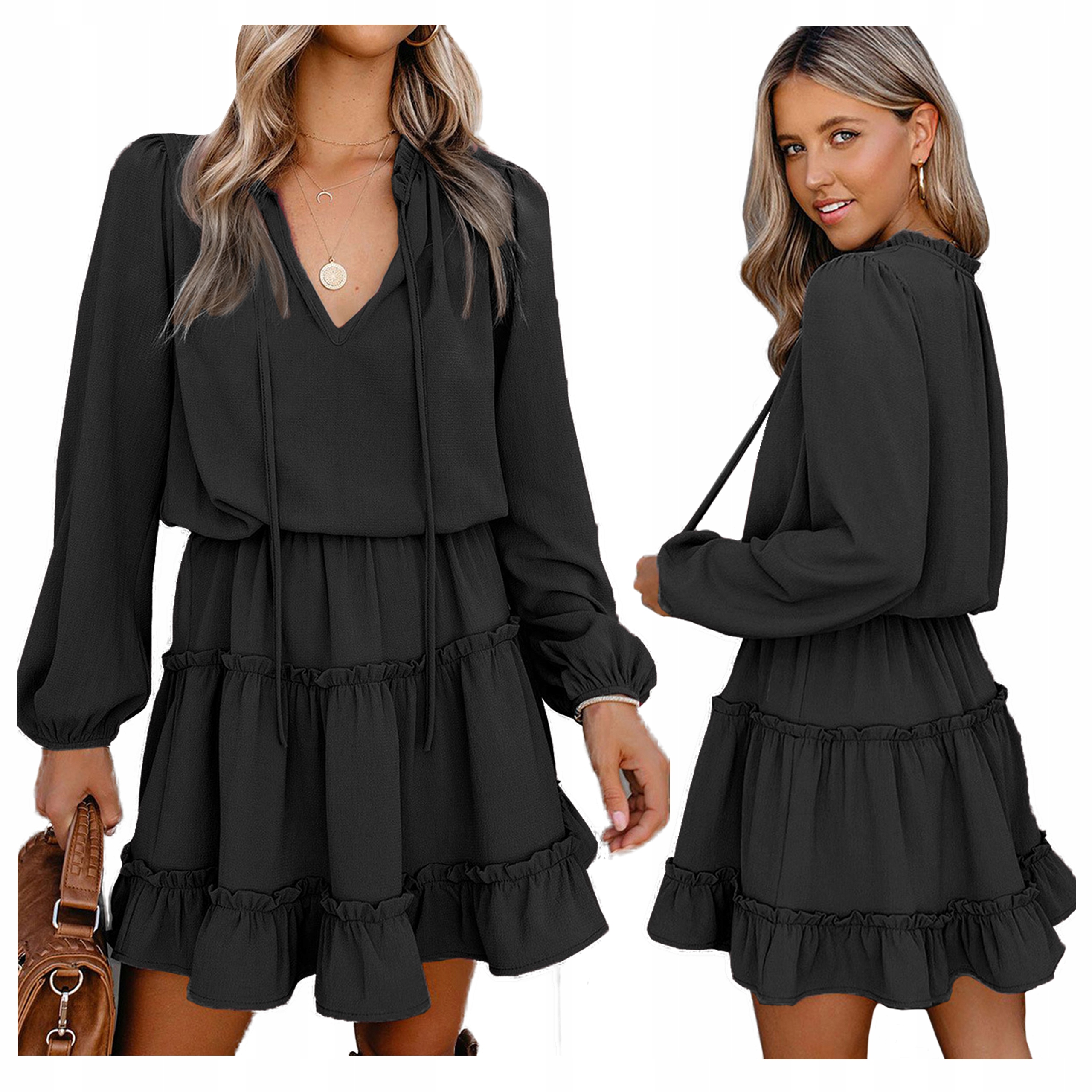 

Sukienka Mini czarna falbany Dekolt rozkloszowana