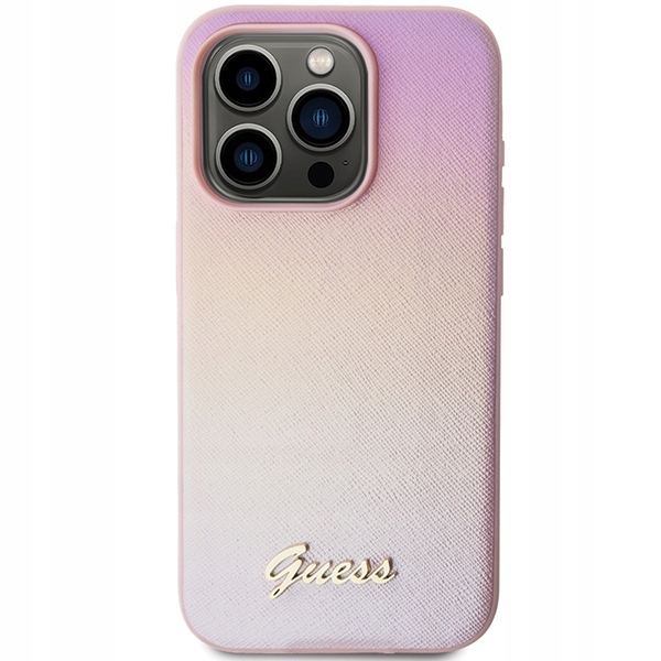 Etui Guess Saffiano Iridescent Script na iPhone 14 Pro różowe Guess