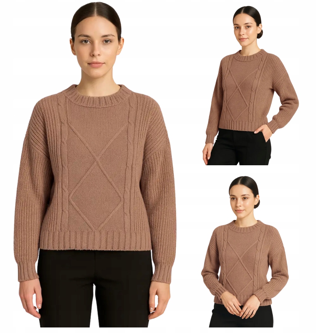 Teplý dámský béžový elegantní copánkový svetr, klasický, velikost L/XL