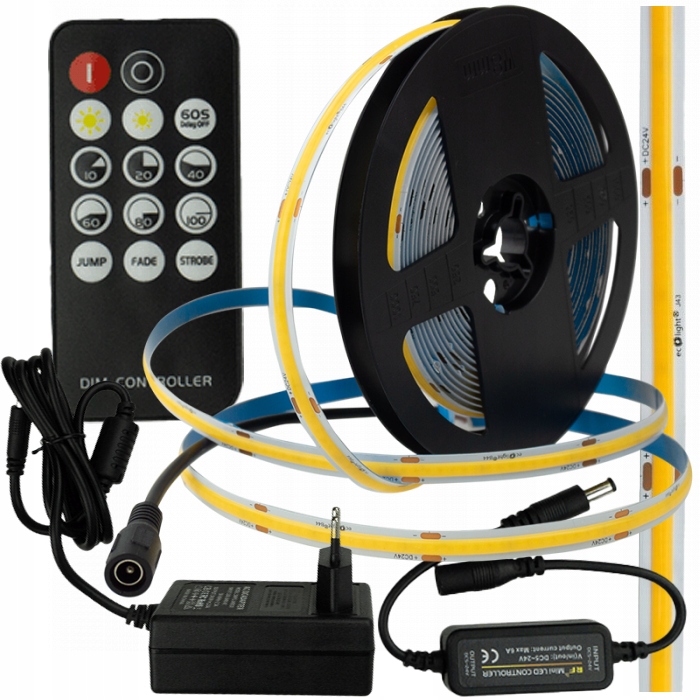 Led Páska Cob 5 m 24 V Komplet S Dálkovým Ovládáním A Napájecím Zdrojem Teplá Barva 3000K 35W