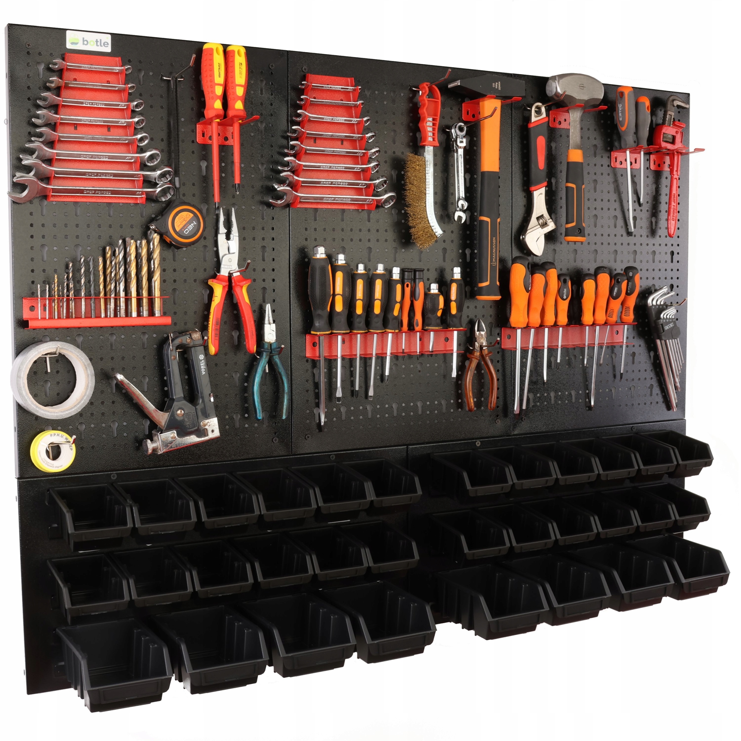 Dílenská tabule botle 120x90 cm kovová, 32 nádob, černé úchytky