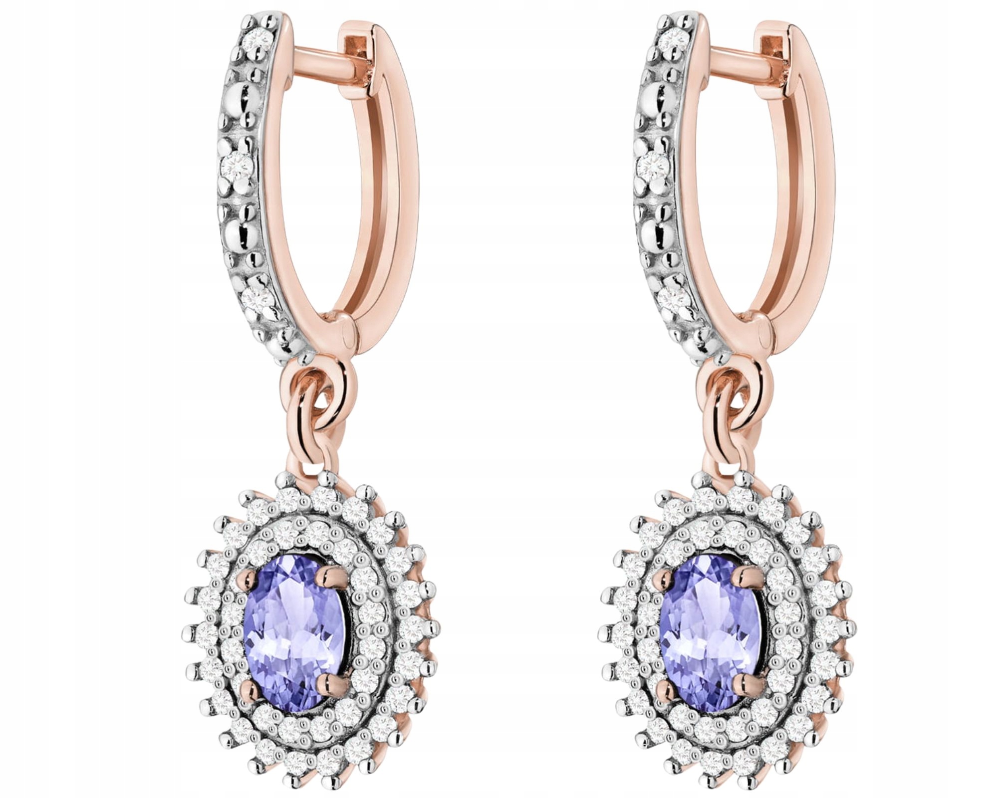 Růžové Zlato Náušnice Přírodní Kámen Tanzanit Diamanty Zlato 585 Dárek