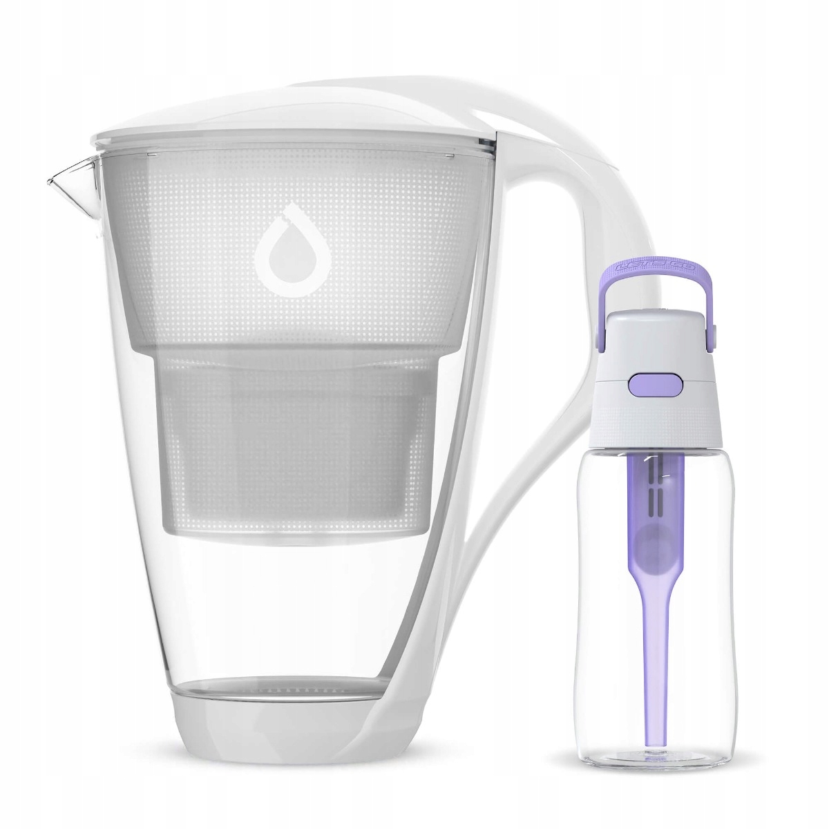 Skleněná konvice Dafi Crystal bílá s filtrem Unimax a fialová láhev Solid 0,5 l