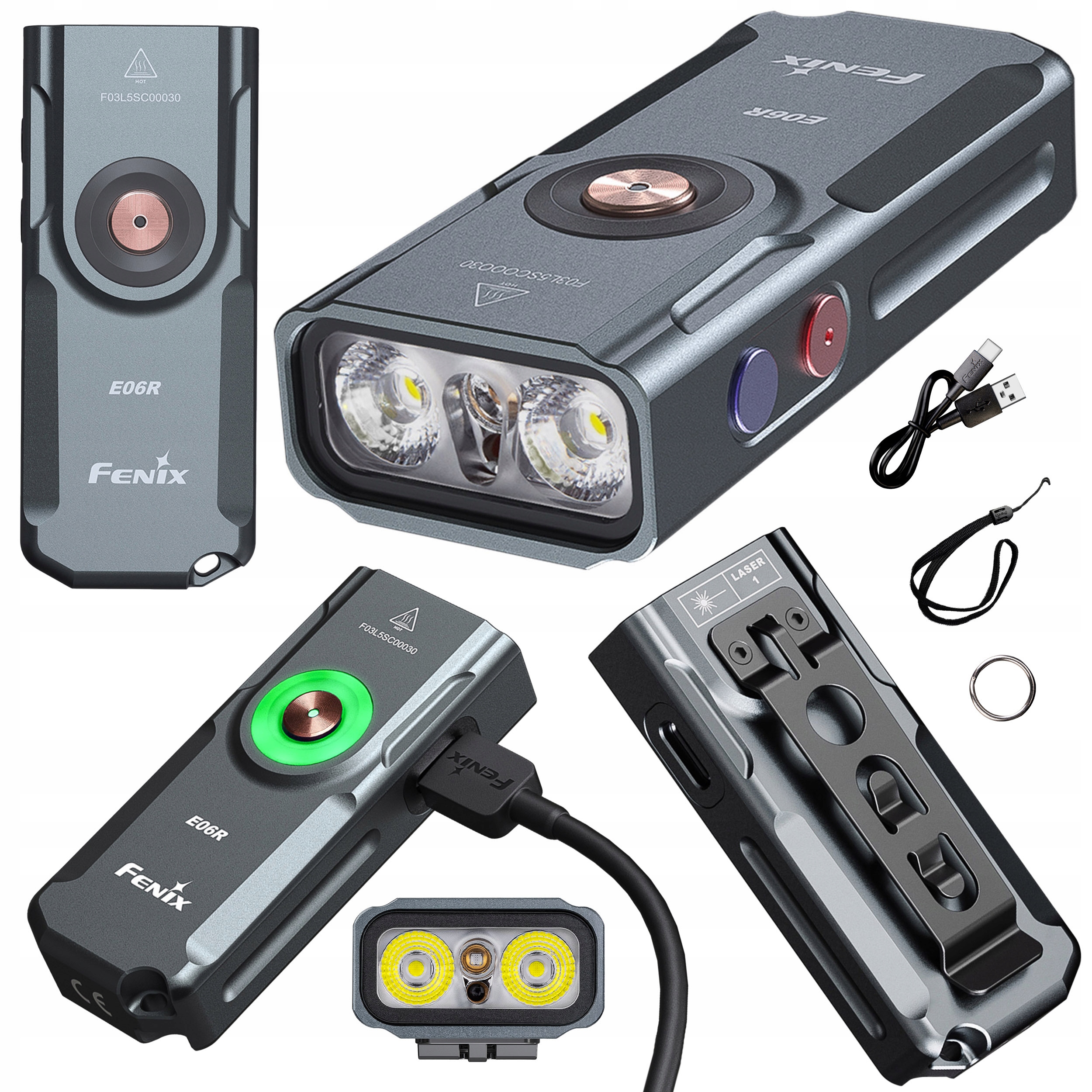 Latarka Fenix Do Kluczy Led E06R Szara 700 lm Usb-c Dioda Biała Uv Laser