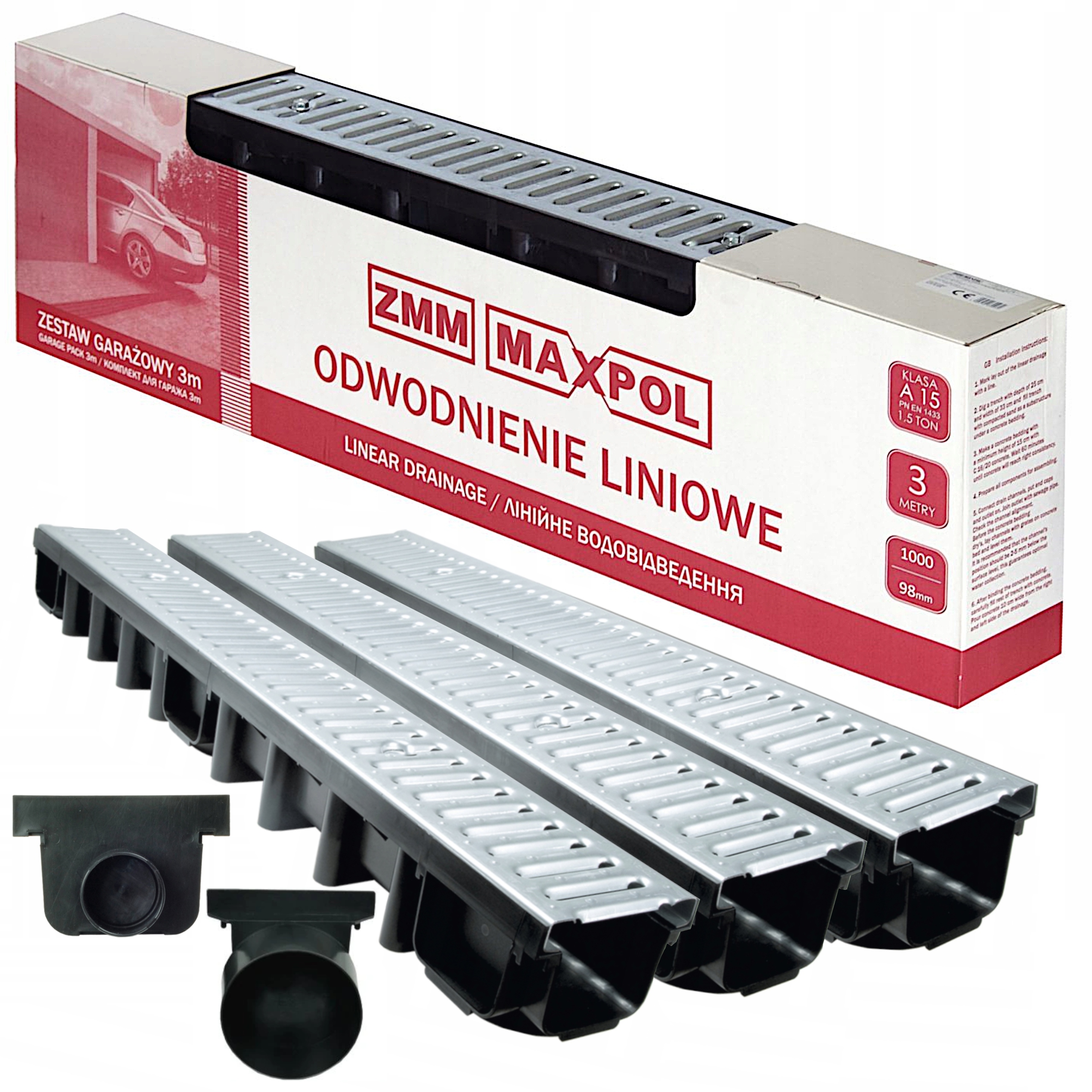 Lineární odvodnění garáže z oceli Mřížka A15 3m x98x131mm do 1,5 tuny