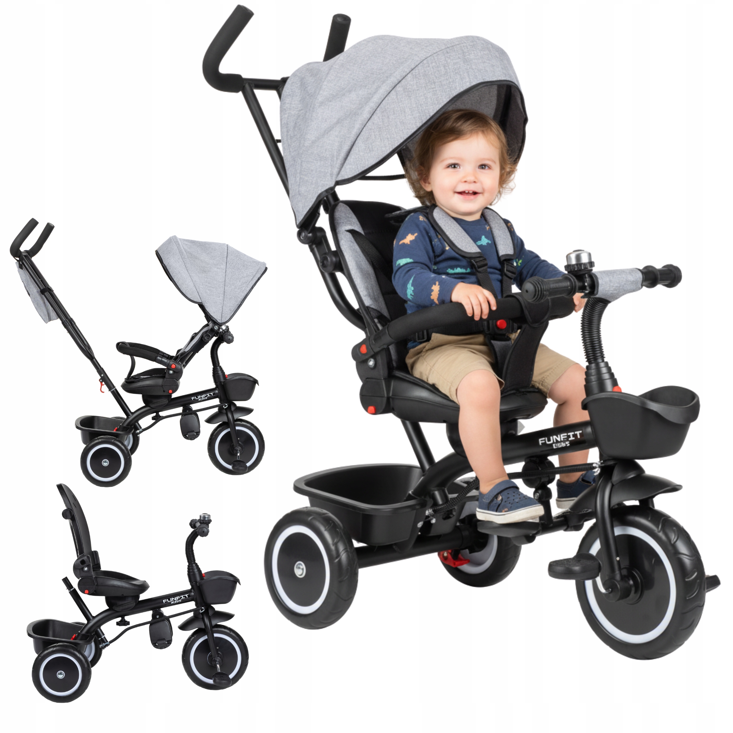 Трехколесный велосипед с козырьком FUNFIT 3in1 вращающийся толкатель ZIPPY серый