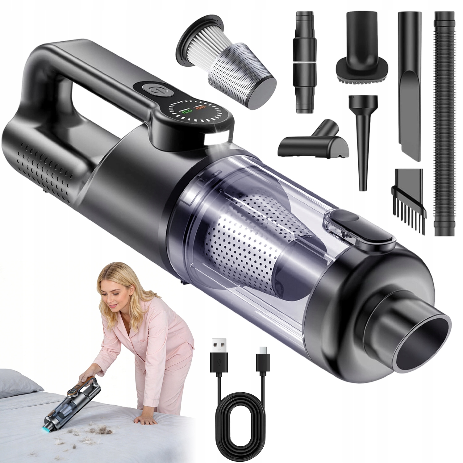 Akumulátorový ruční vysavač do auta, dobíjecí, Led světlo, černý