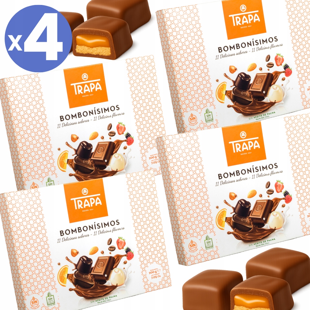4x Bombonierka z czekoladkami bez glutenu 11 smaków hiszpańska 200g Trapa
