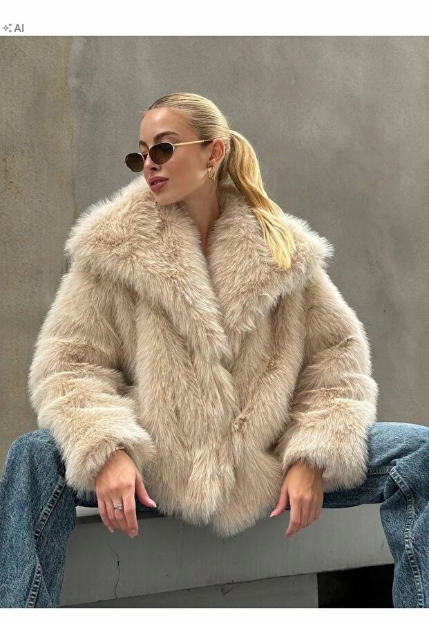 Měkký Béžový Kožešinový Kabát, Krátký, Elegantní, S 5IA