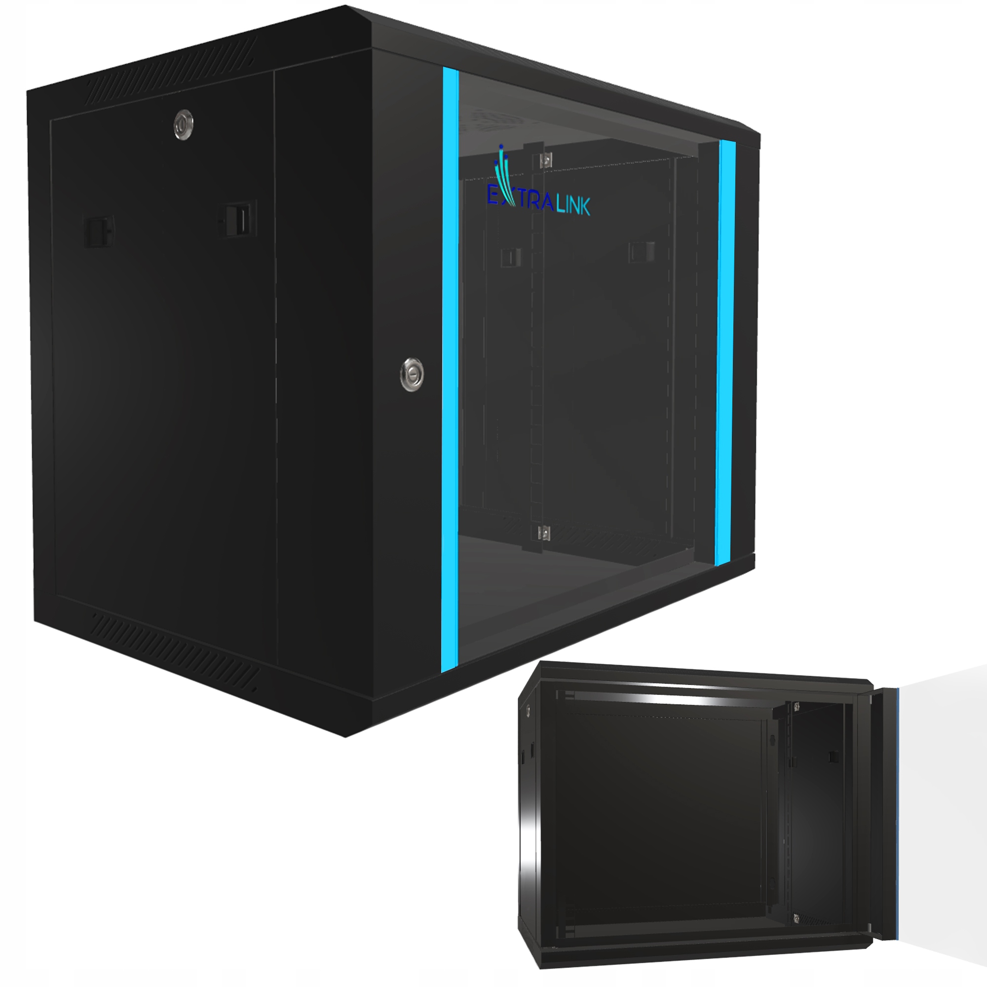 Závěsná skříňka Skříň rack 9U 600x450, černé skleněné dveře