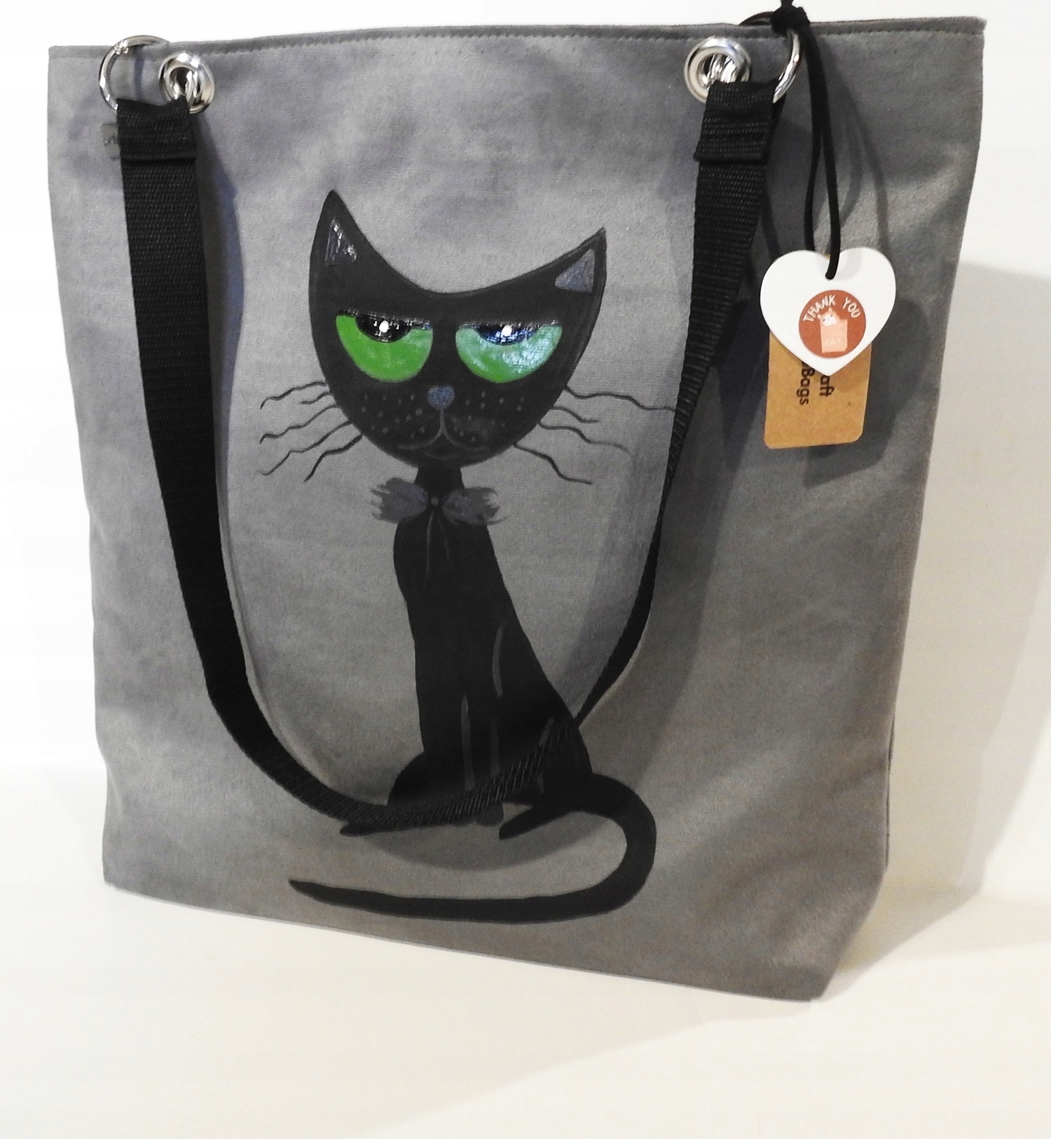 Taška Přes Rameno Velká Šedá S Kočkou Malovaná Ruční Práce Shopperka Kabelka XL