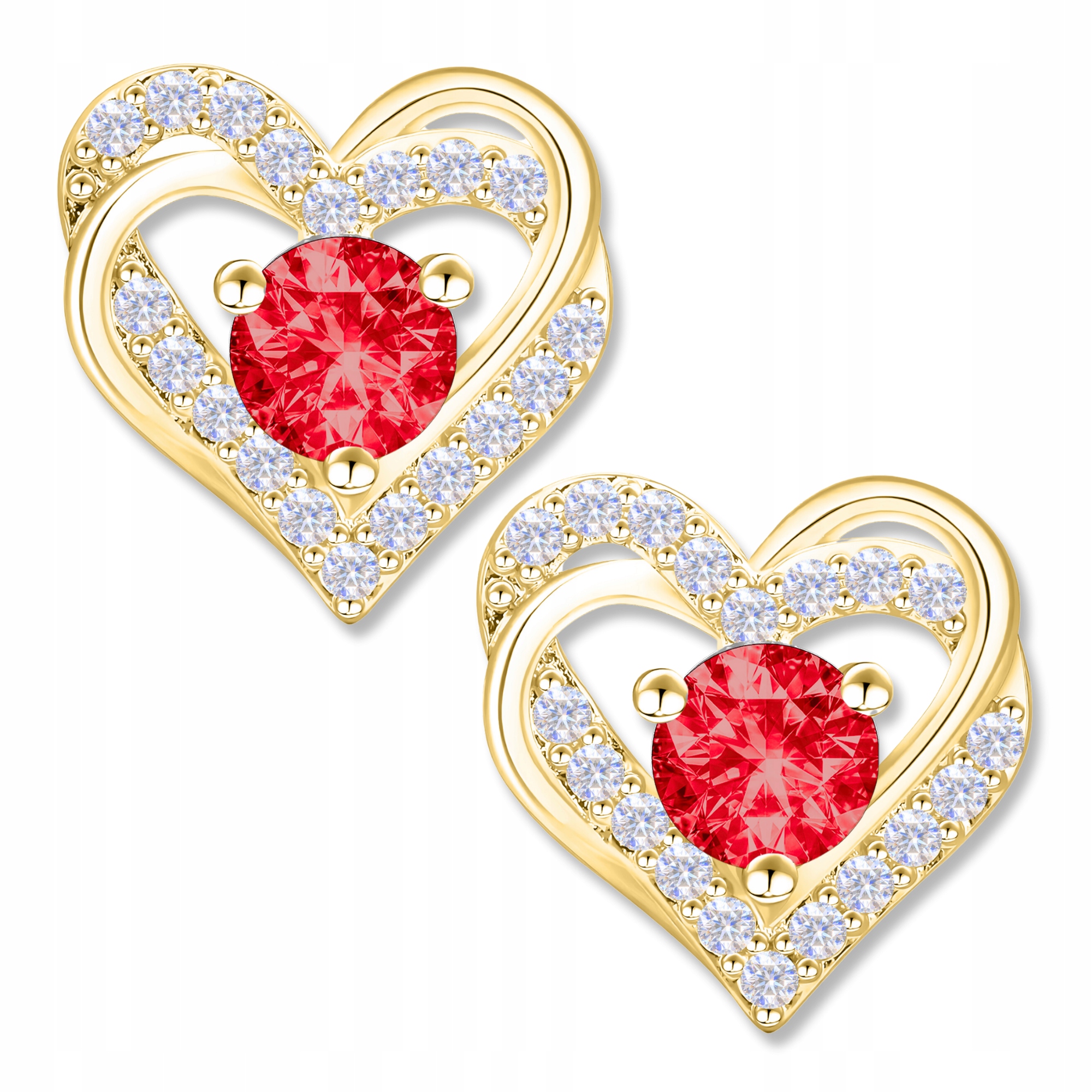 Złote Kolczyki Lśniące Serca 925 Czerwone Cyrkonie Wkrętki Pozłacane 585