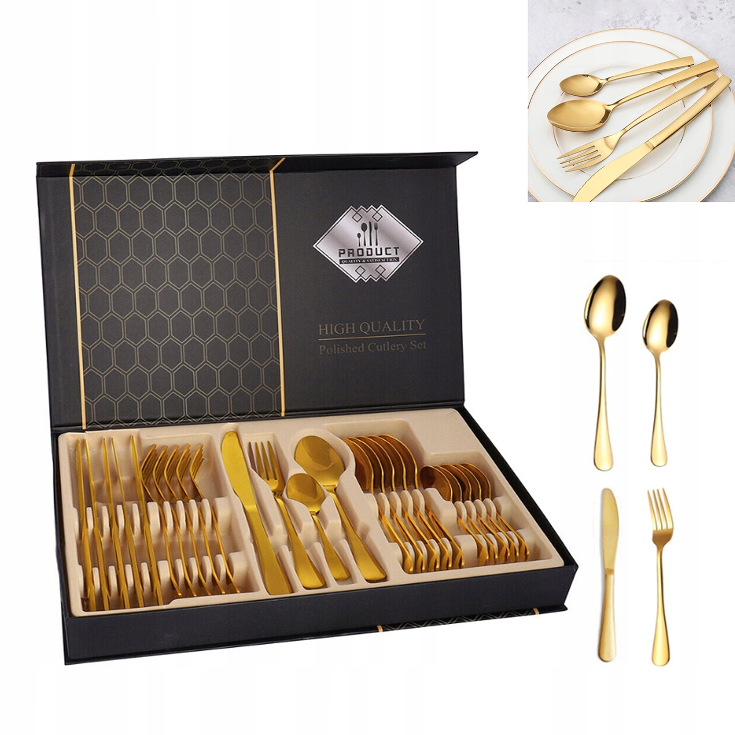 Sada 24 Zlatých Příborů Z Nerezové Oceli S Nožem A Vidličkou