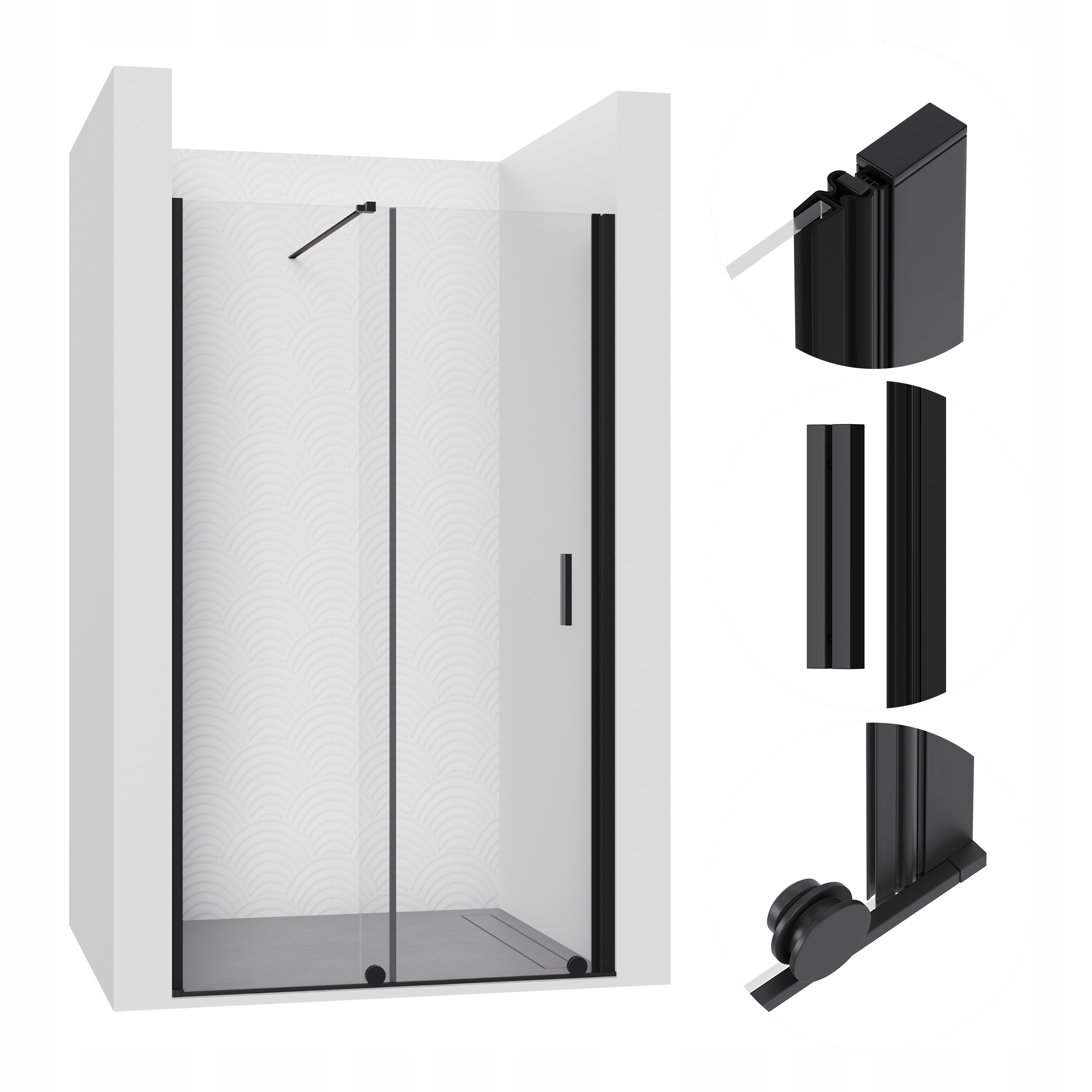 Drzwi prysznicowe wnękowe przesuwne 115CM czarne kabina walk-in szyba Esg