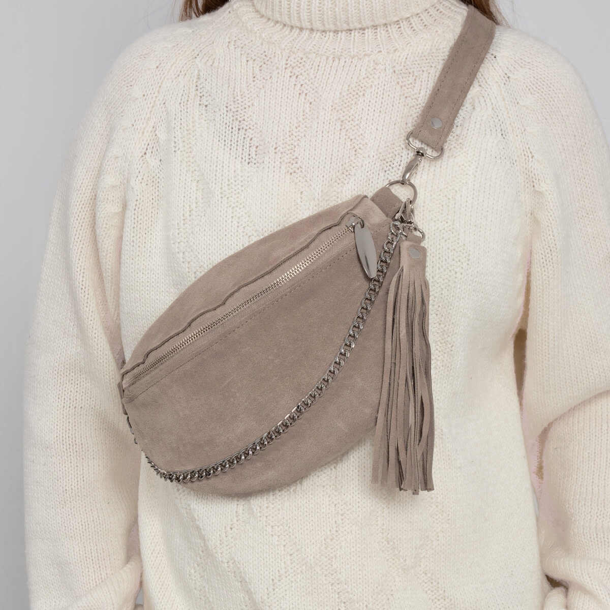 Kabelka CorssBody Semišová kožená s třásněmi Taupe Šedá Belveder