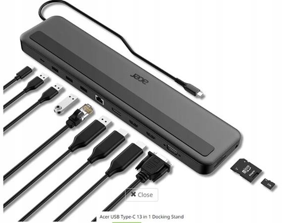 Acer 13in1 Type C Minidock: 3x USB3.0 (5Gbps Data Transfer), 1x Usb-c (5Gbp