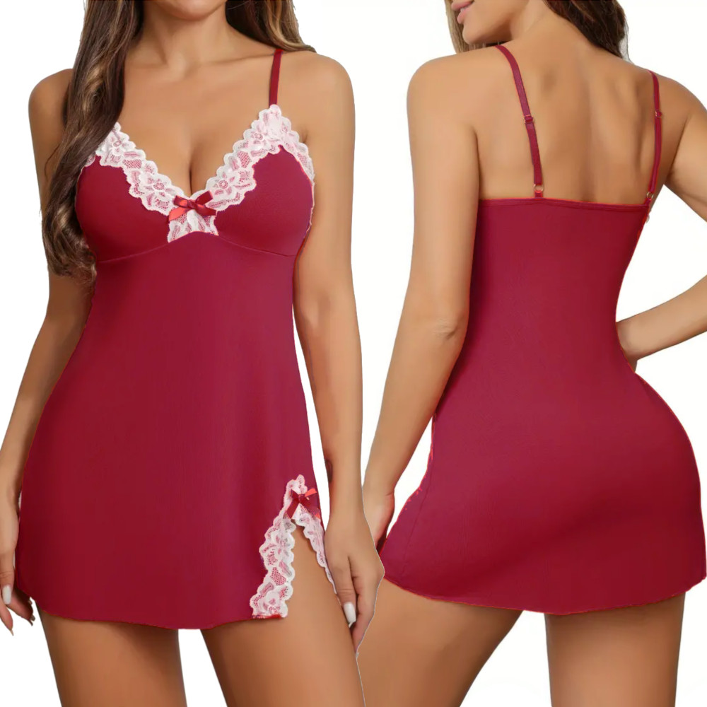 ZMYSŁOWA KOSZULKA NOCNA KORONKOWA PIŻAMA DAMSKA KOMPLET SEXY HALKA STRINGI Model P195 CZERWONY