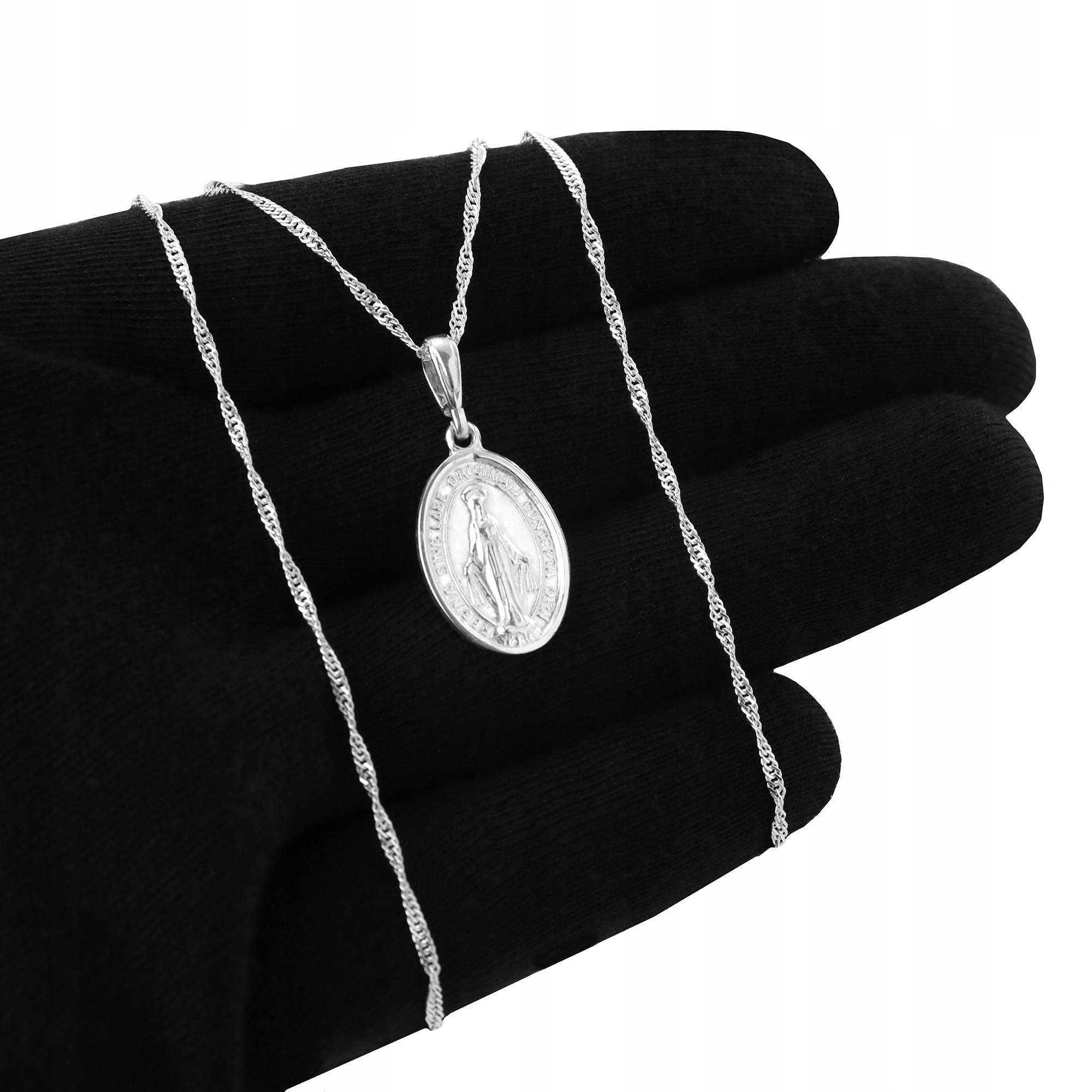 SREBRNY ŁAŃCUSZEK SINGAPUR + CUDOWNY MEDALIK 925 PREZENT NA KOMUNIĘ CHRZEST Stan opakowania oryginalne