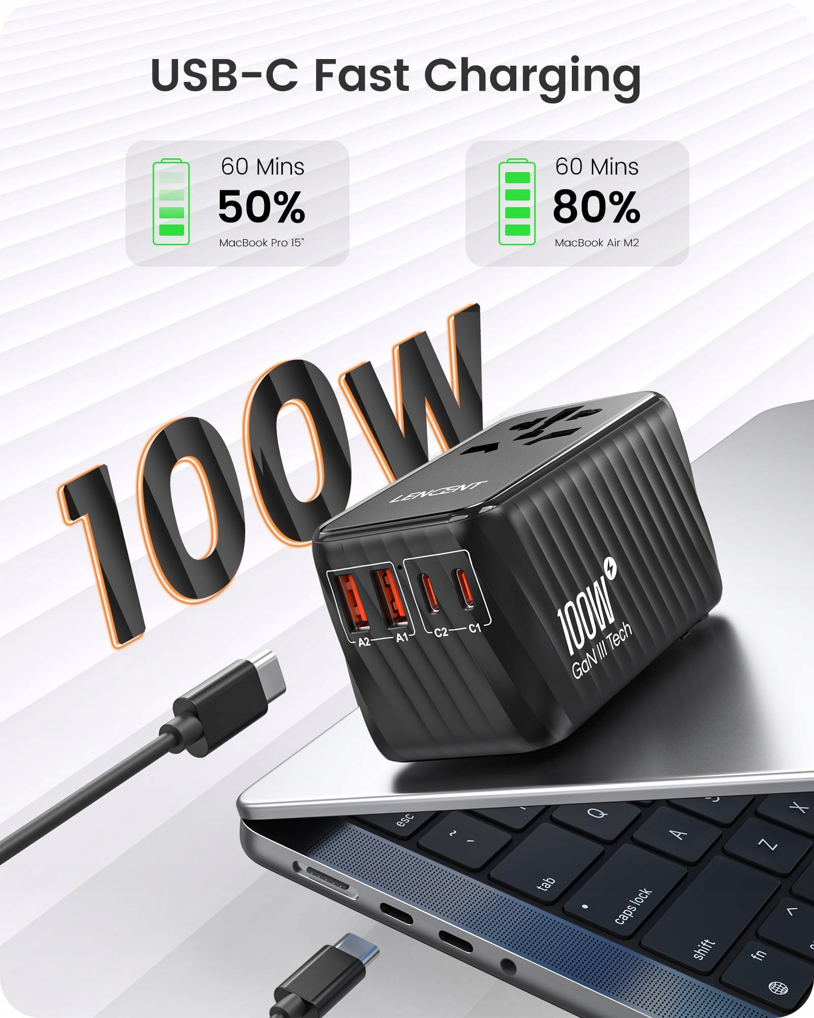 LENCENT Adapter Podróżny 100W GaN3 2x USB C 2x USB A EU USA UK AU — miniatura 2