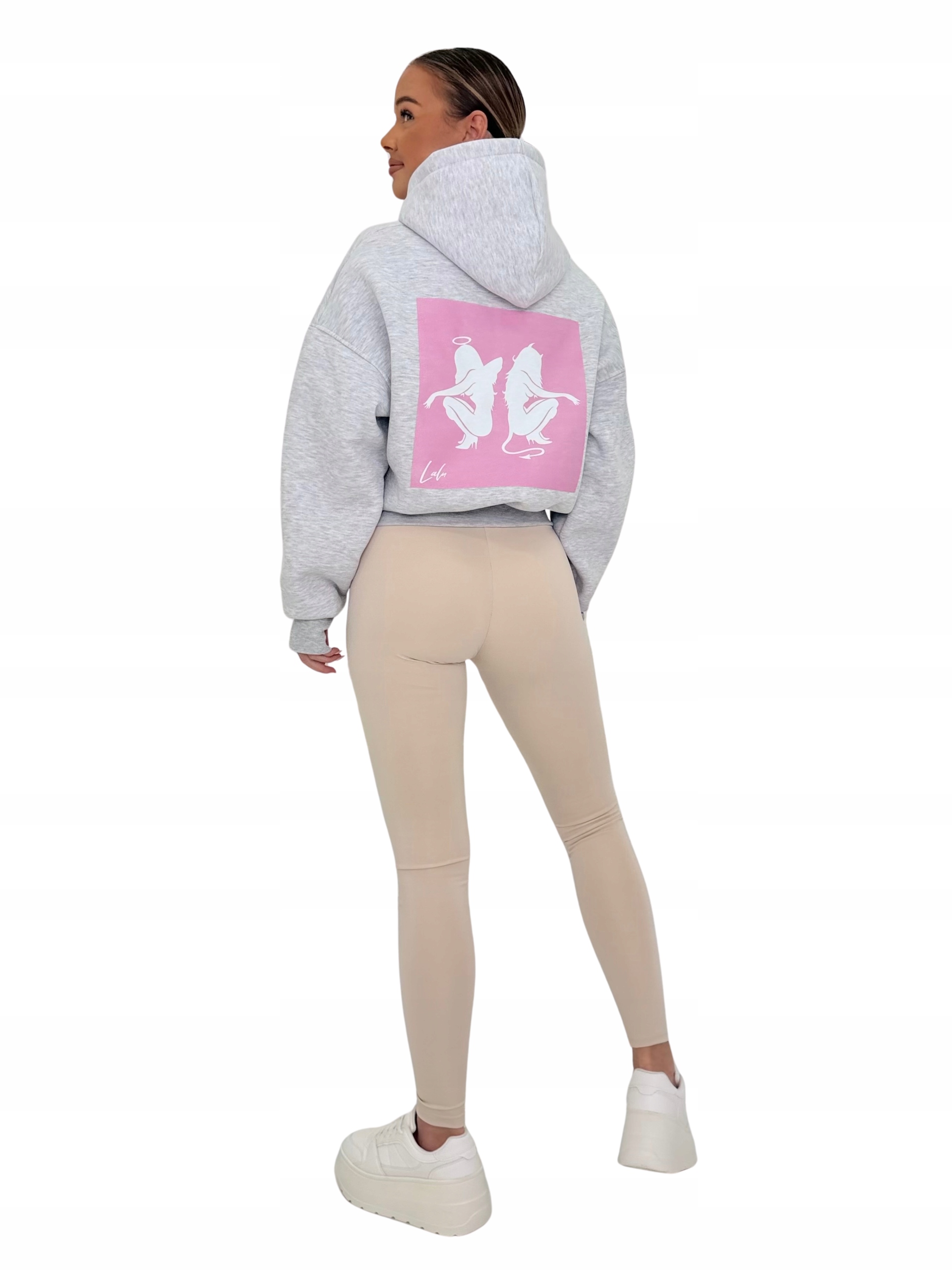 Bluza damska z kapturem rozpinana oversize LaLu Anioł/Diablica szara