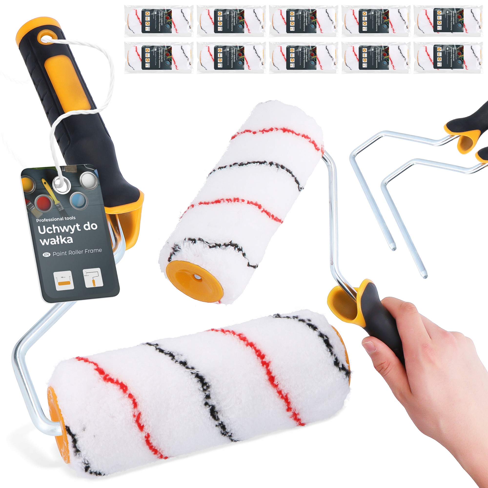 10 x Zásoba Válečku 18 cm Malířský váleček Vložka z mikrovlákna 2x Rukojeť H0