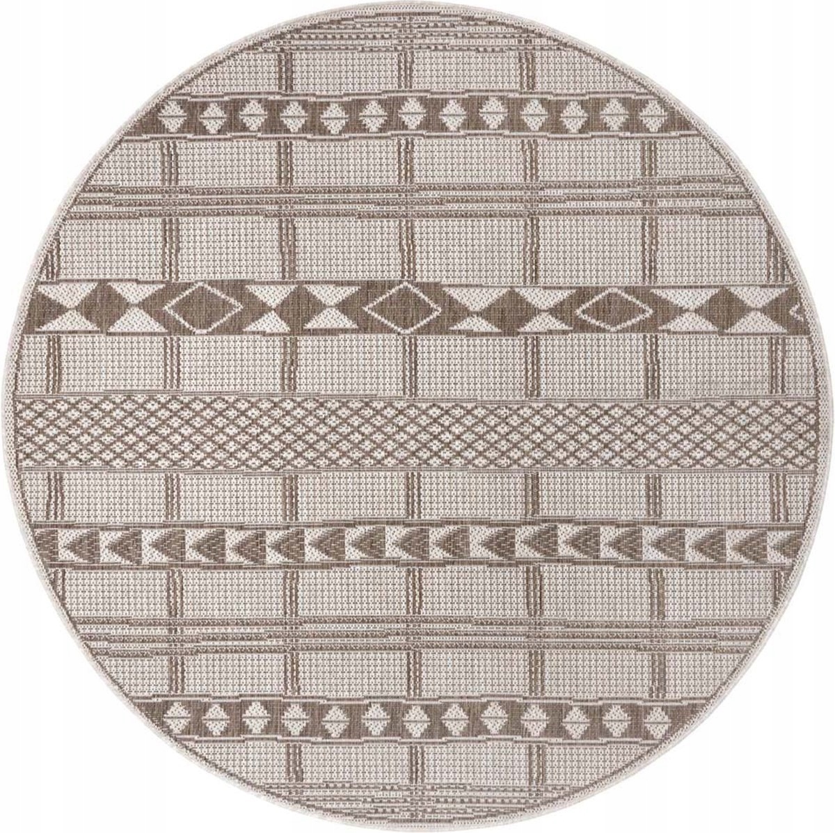 Koberec kulatý na terasu 160 cm, plochý, tkaný béžovo krémový boho vzor