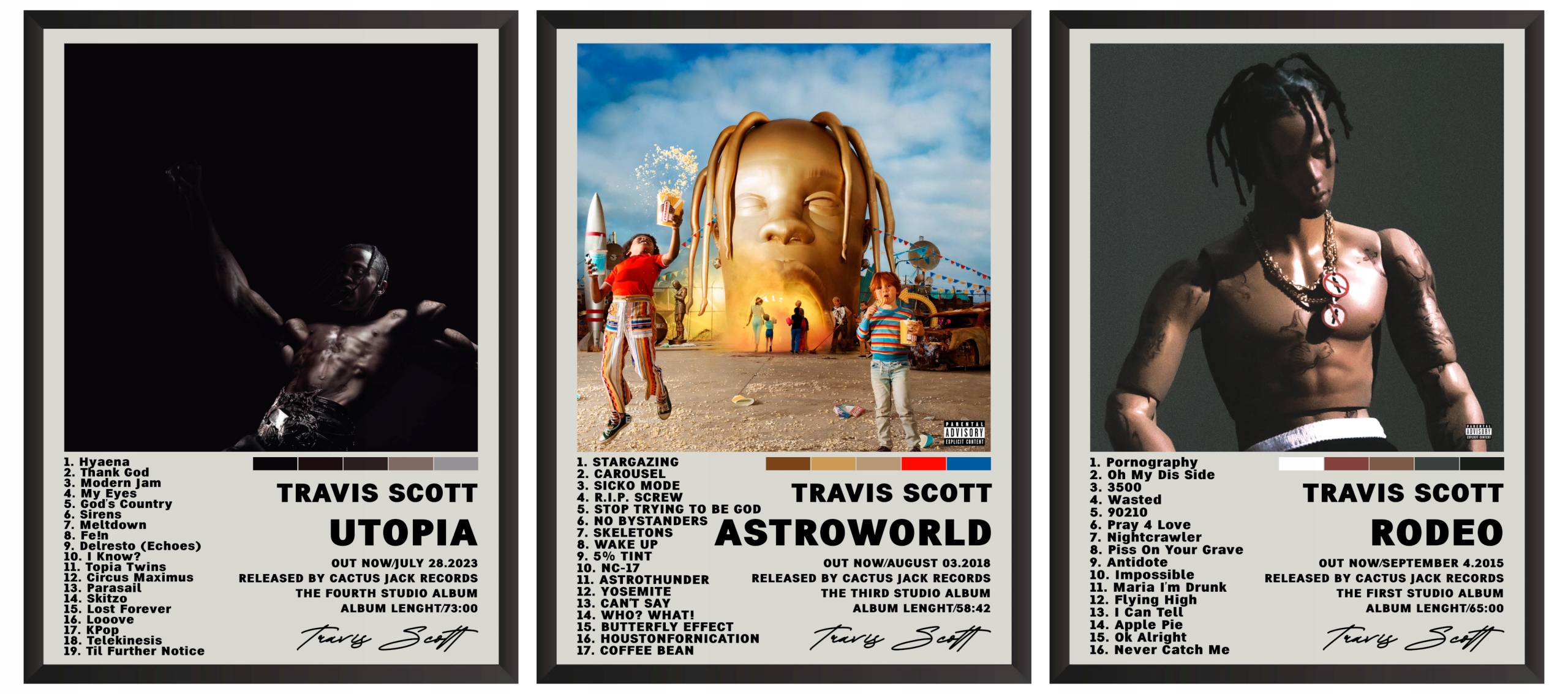Travis Scott Zestaw 3 Obrazów z albumami Astroworld Utopia Rodeo Travis