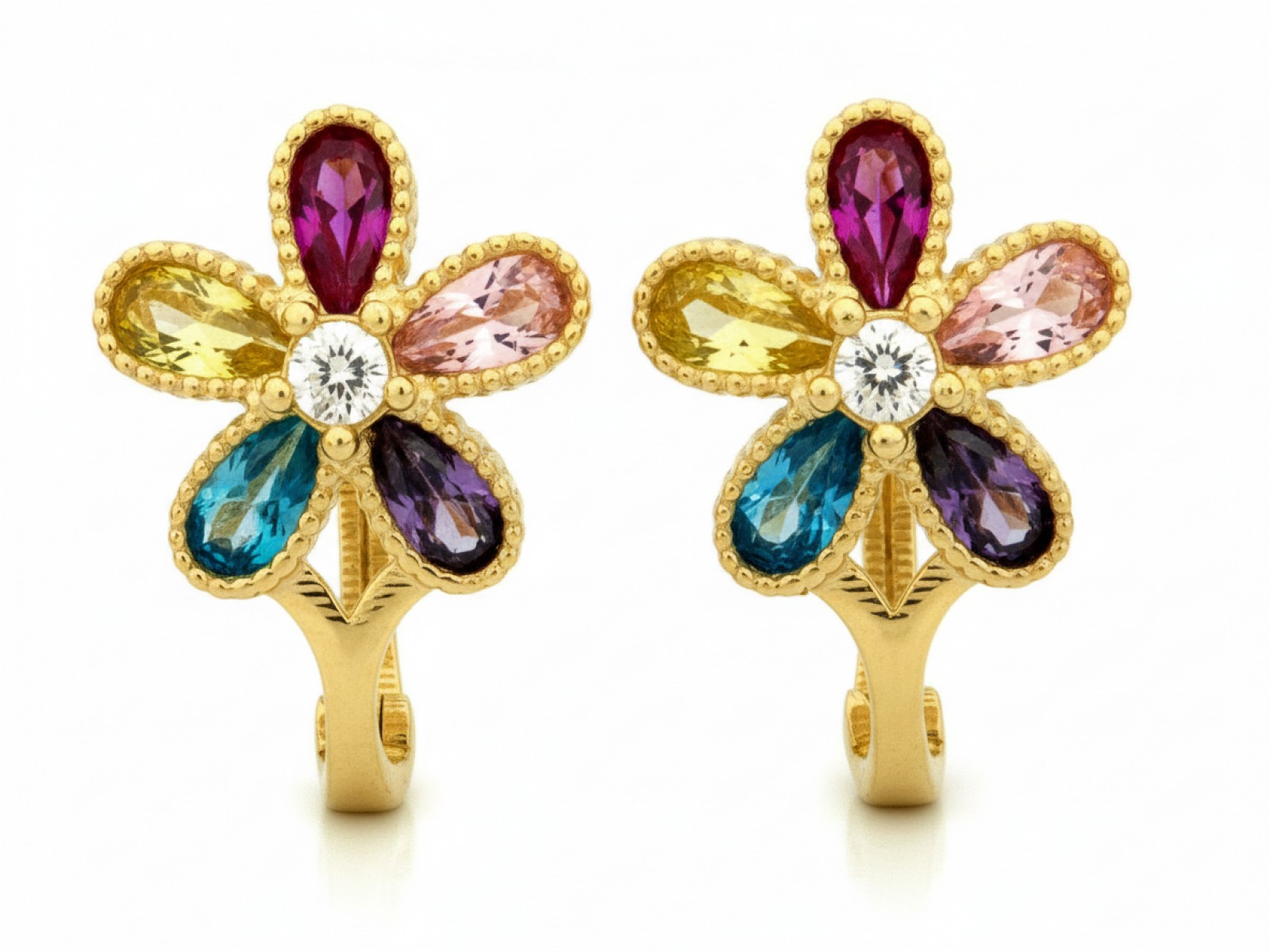 Náušnice zlaté dámské 585 zirkony barevné kytičky pro ni módní 14 kt