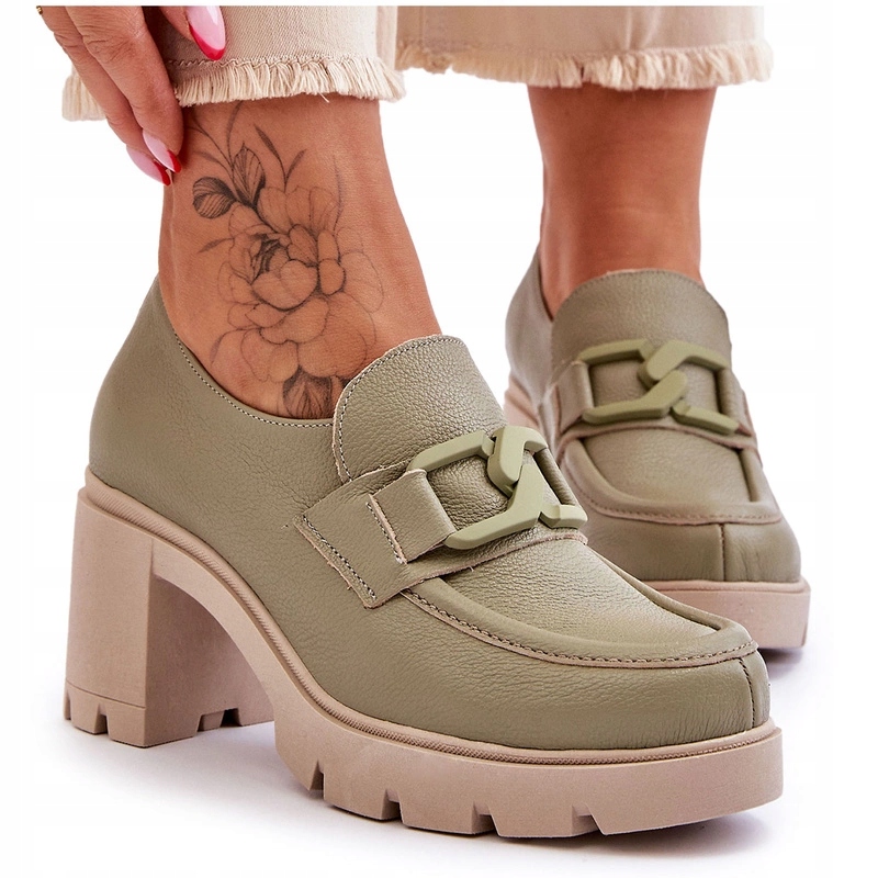 Kožené Polobotky Na Podpatku, Ozdoba Zelená 40