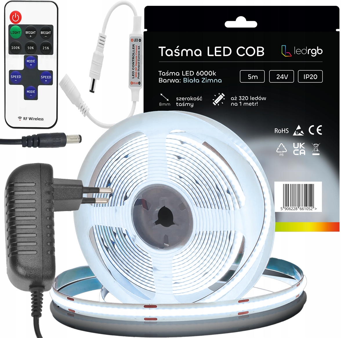 Sada Led pásků Neon Cob 24V 5 m 6000K Bílá Studená Napájecí Zdroj Stmívač 8 mm