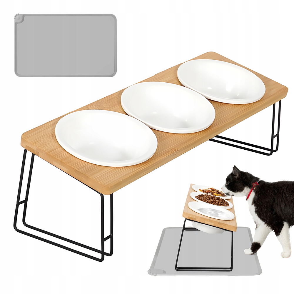 Levně Ergonomická Krmná Stanice Pro Kočky Se 3 Keramickými Miskami A Podložkou