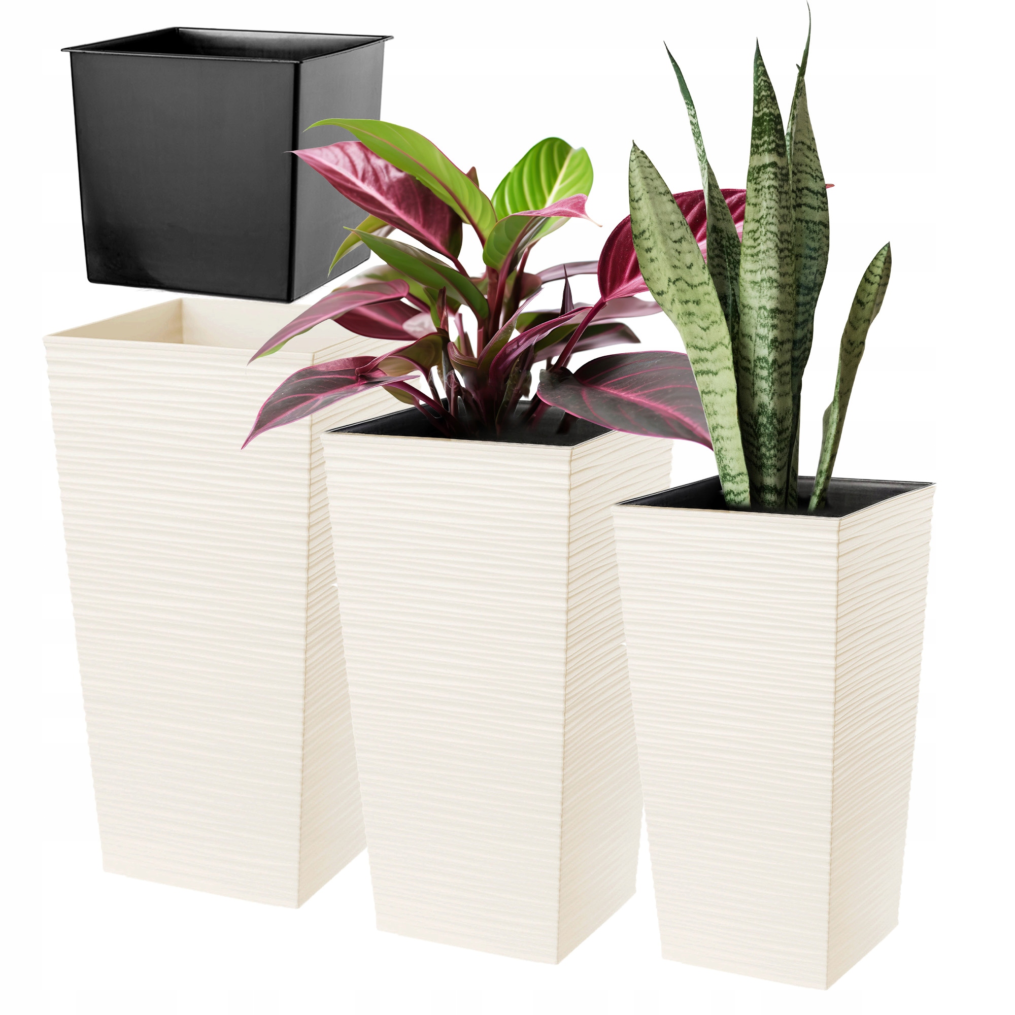 Sada 3ks Kvetináč Záhradný Vysoká Vložka Veľká Krémová 57+68+75 cm