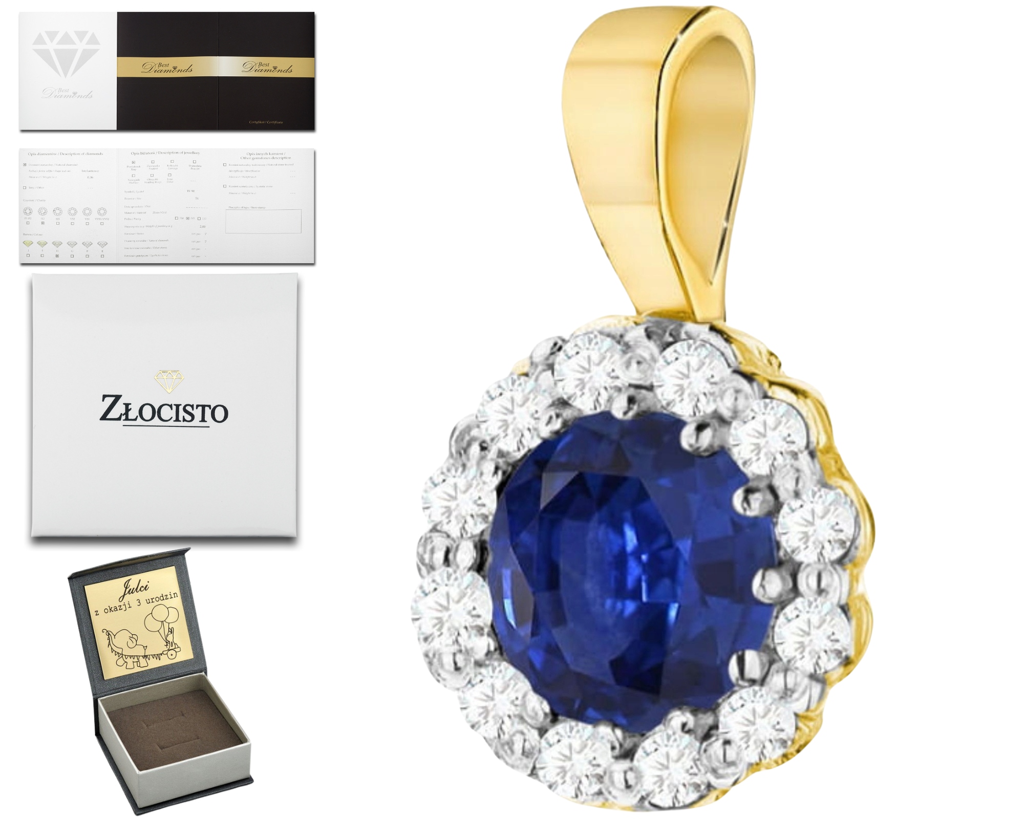 Zlatý Přívěsek Se Safírem A Diamanty, Gravírování Ze Dárek 585