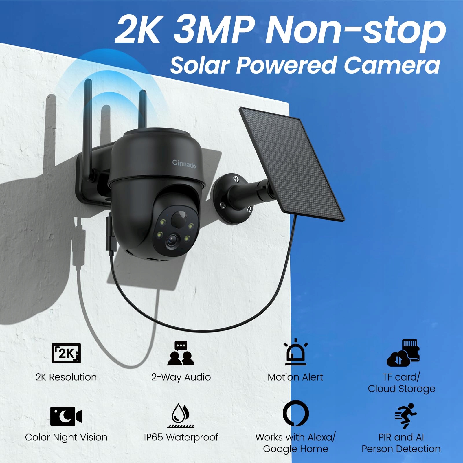 CINNADO Kamera Zewnętrzna Solar 2K Bezprzewodowa 360 Stopni IP65 Audio — miniatura 8