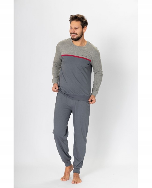 Pánské bavlněné pyžamo Kasjan s dlouhým rukávem a melanžovými manžetami, bavlna 100%