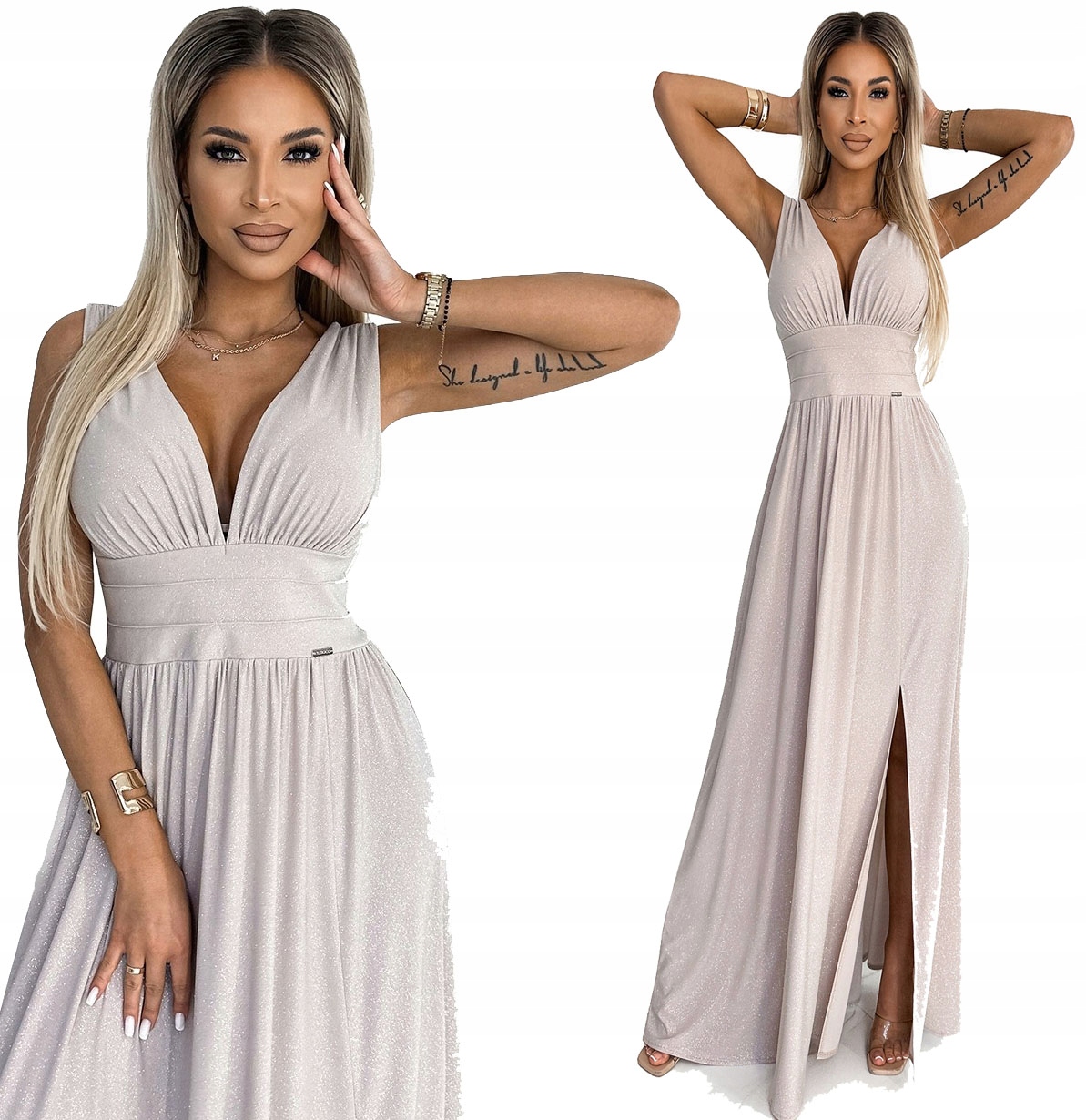 Dlouhé Šaty S Výstřihem Na Svatební Hostina Ples Obšité V Pase Béžová XL