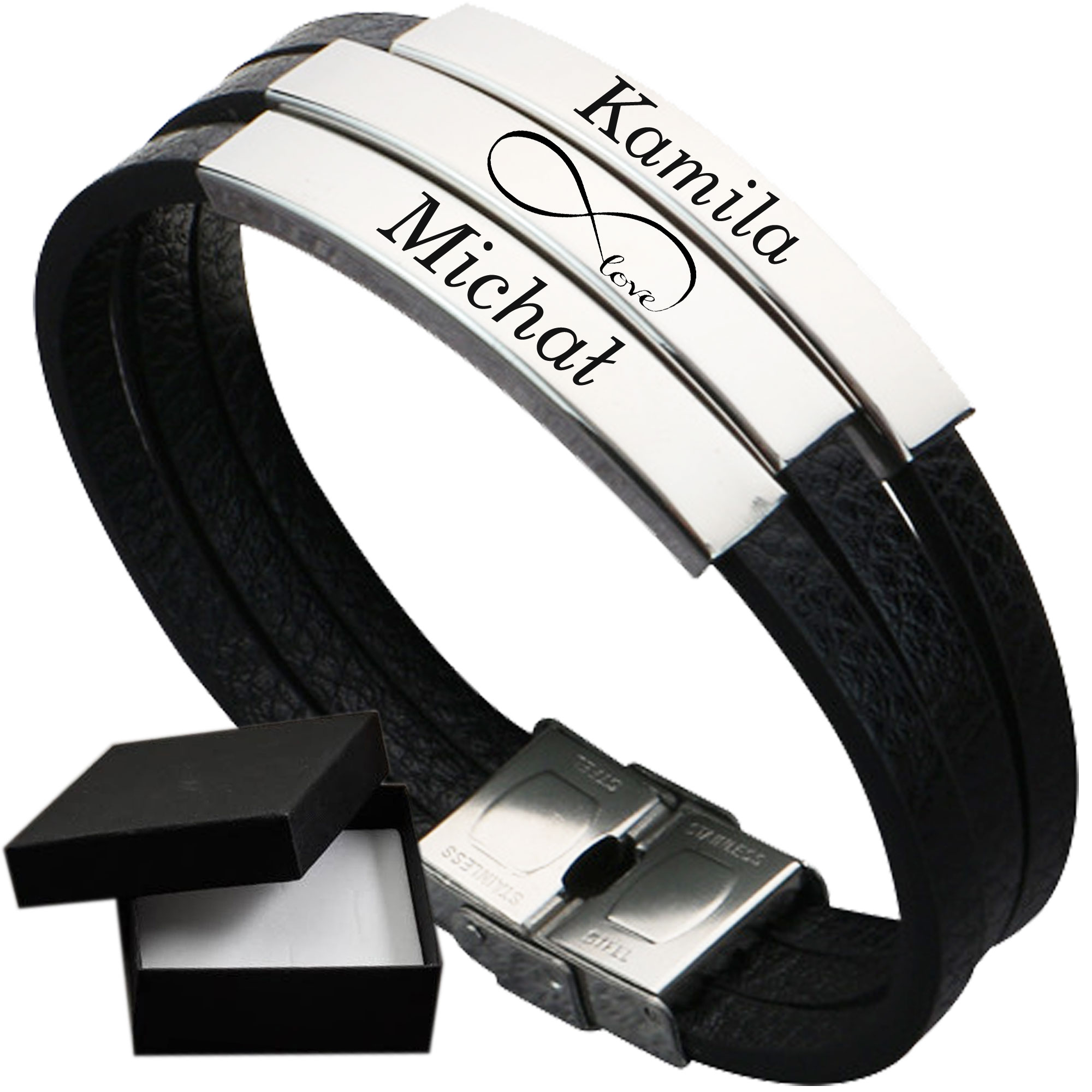 BRANSOLETKA SKÓRZANA MĘSKA STAL SKÓRA + GRAWER