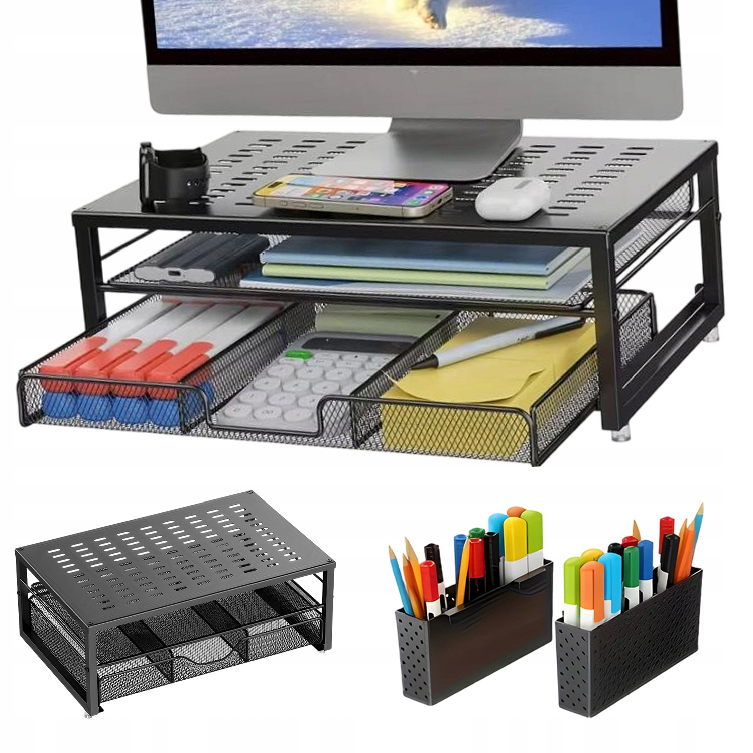 Vyvýšený Stojan Pod Monitor S Zásuvkami A Bočními Přihrádkami