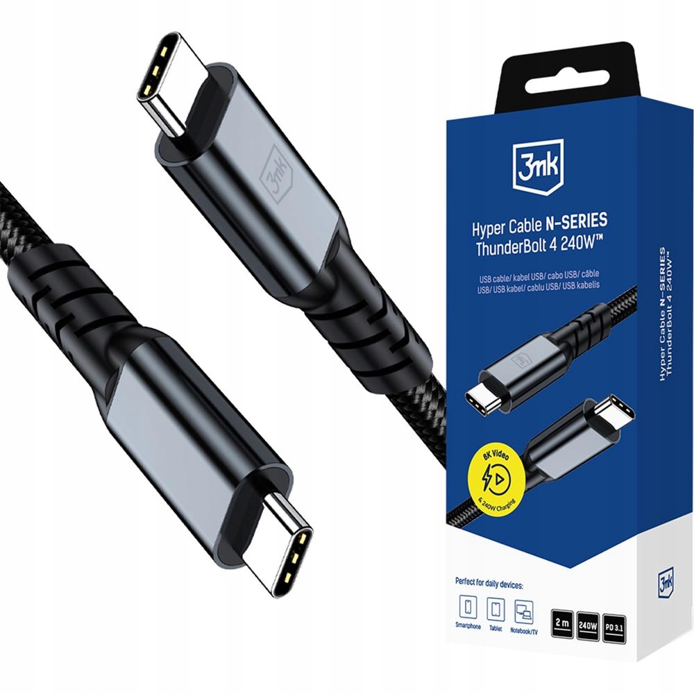 Kabel 3mk Usb-c na Usb-c, Thunderbolt 4, 240W Pd 8K/60Hz 40 Gb/s, silný, 2 m