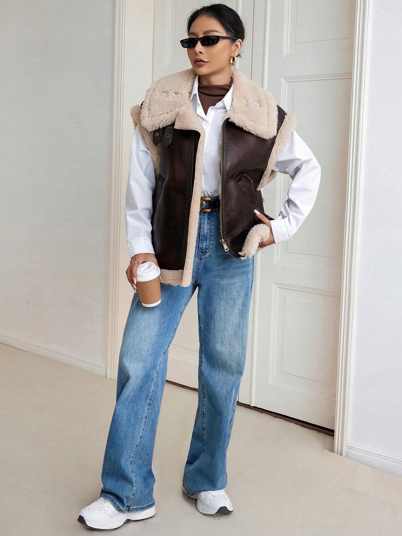 KAMIZELKA ROZSUWANA BRĄZOWA EKOSKÓRA PLUSZOWA OVERSIZE KIESZENIE SHEIN 36