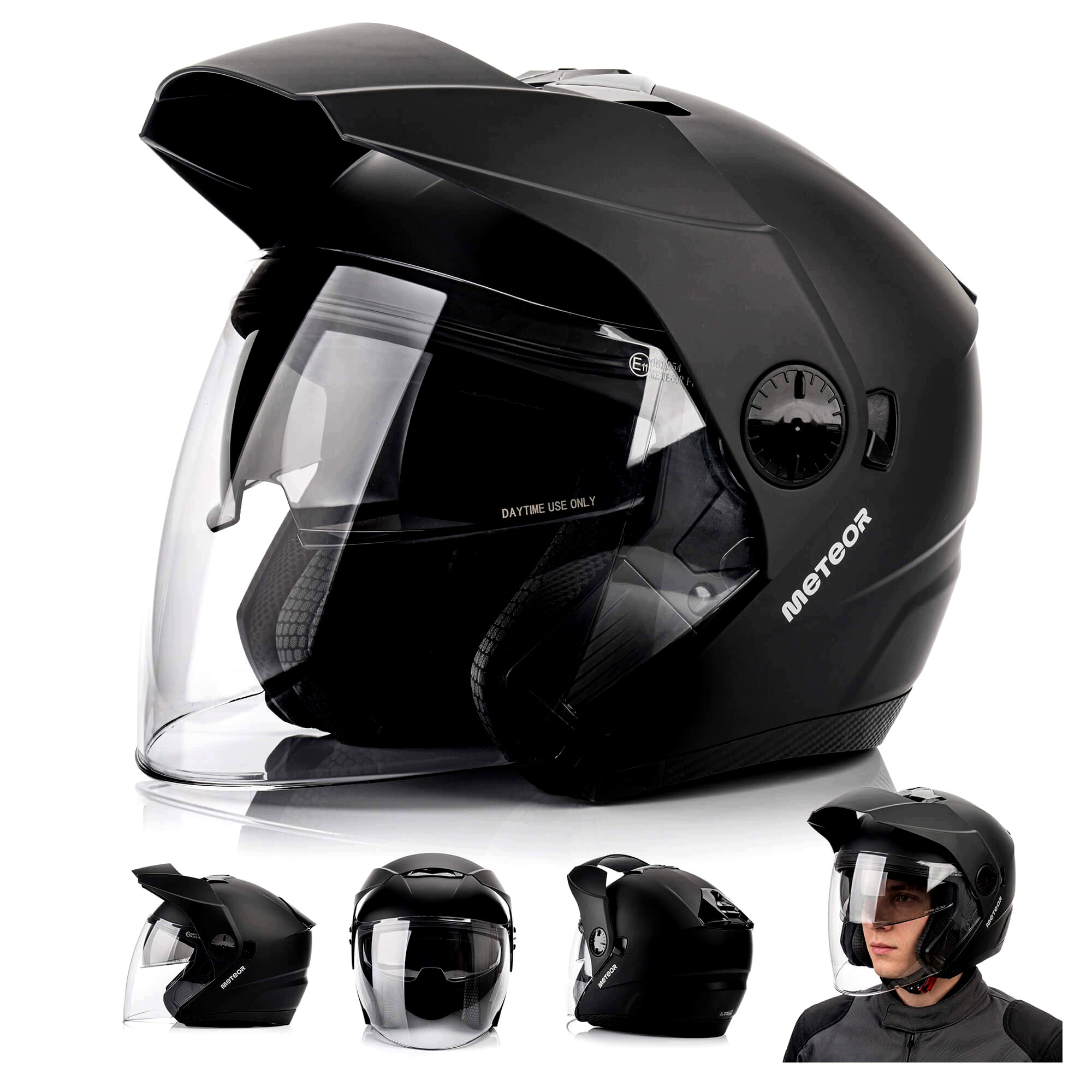 Čierna prilba na skúter motocykel Meteor Hekato L 59-60 cm s clonou a strieškou