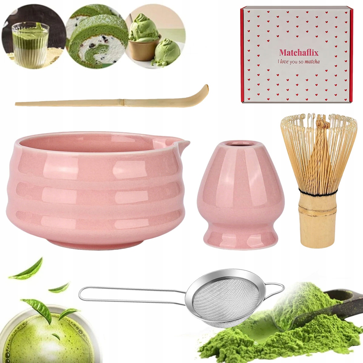 Zestaw Narzędzi Do Przygotowywania Matchy Z Miską Trzepaczką Sitkiem Łyżką