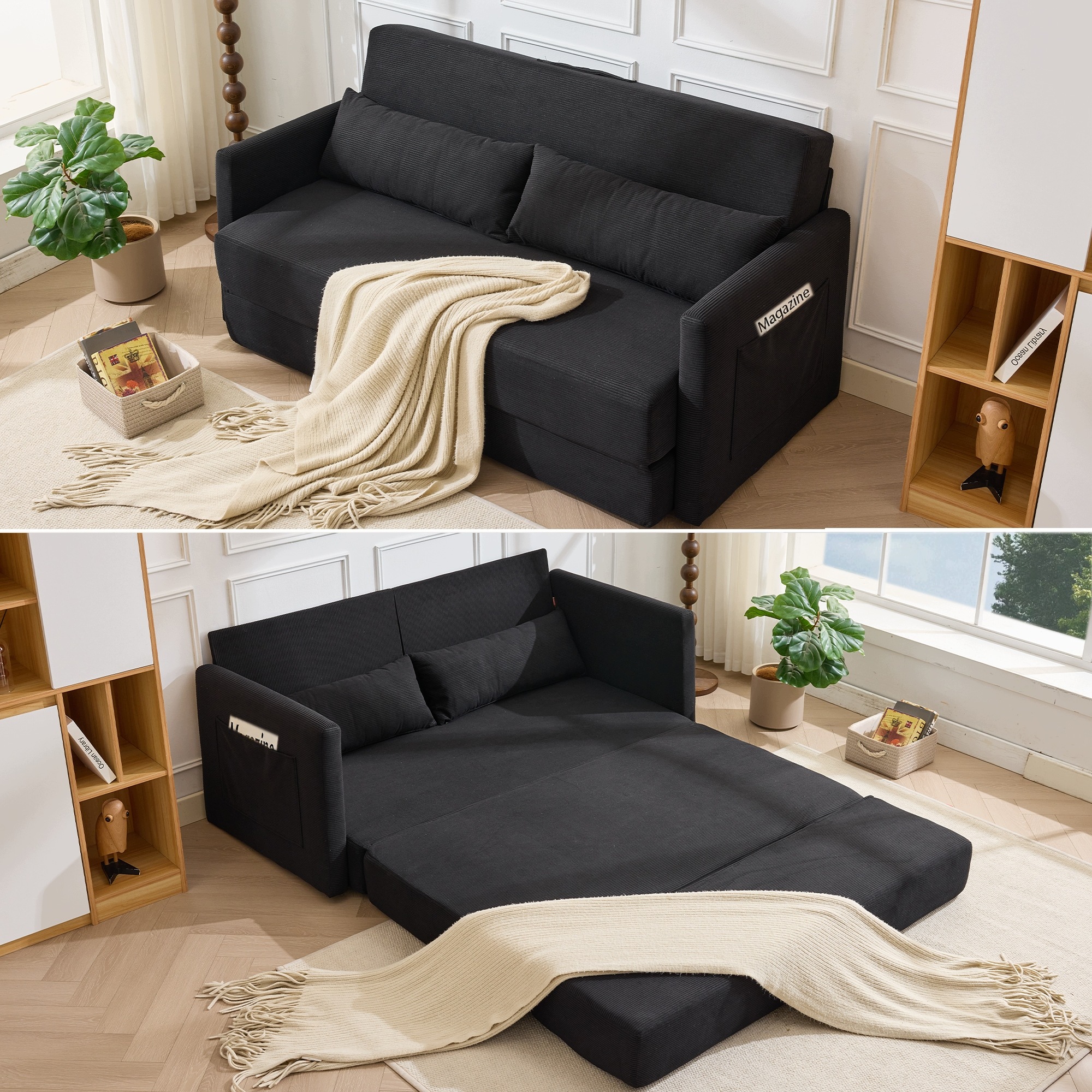 Sofa rozkładana 2-osobowa łóżko kanapa z poduszkami kieszenie czarna