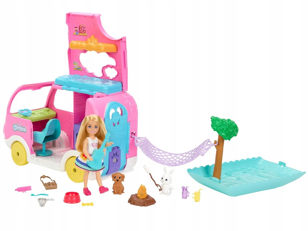 Lalka Laleczka Barbie Chelsea Różowy Kamper Auto Hamak Zabawka Akcesoria Materiał plastik