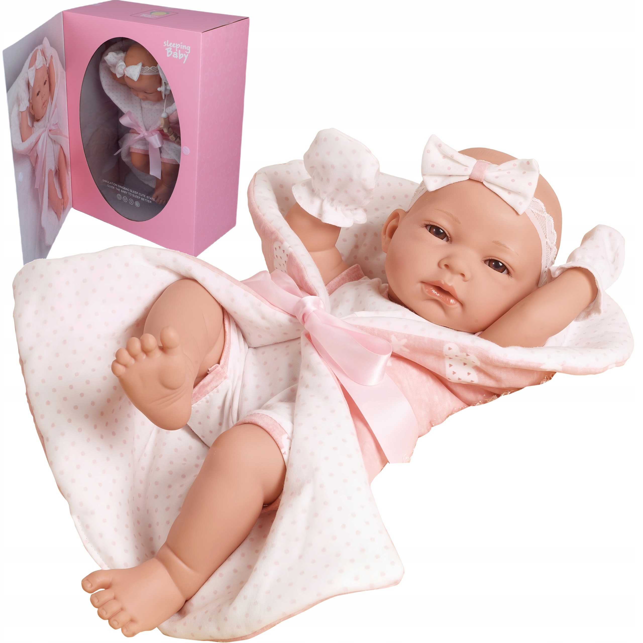Lalka Bobas Realistyczna Akcesoria kocyk becik smoczek 38 cm
