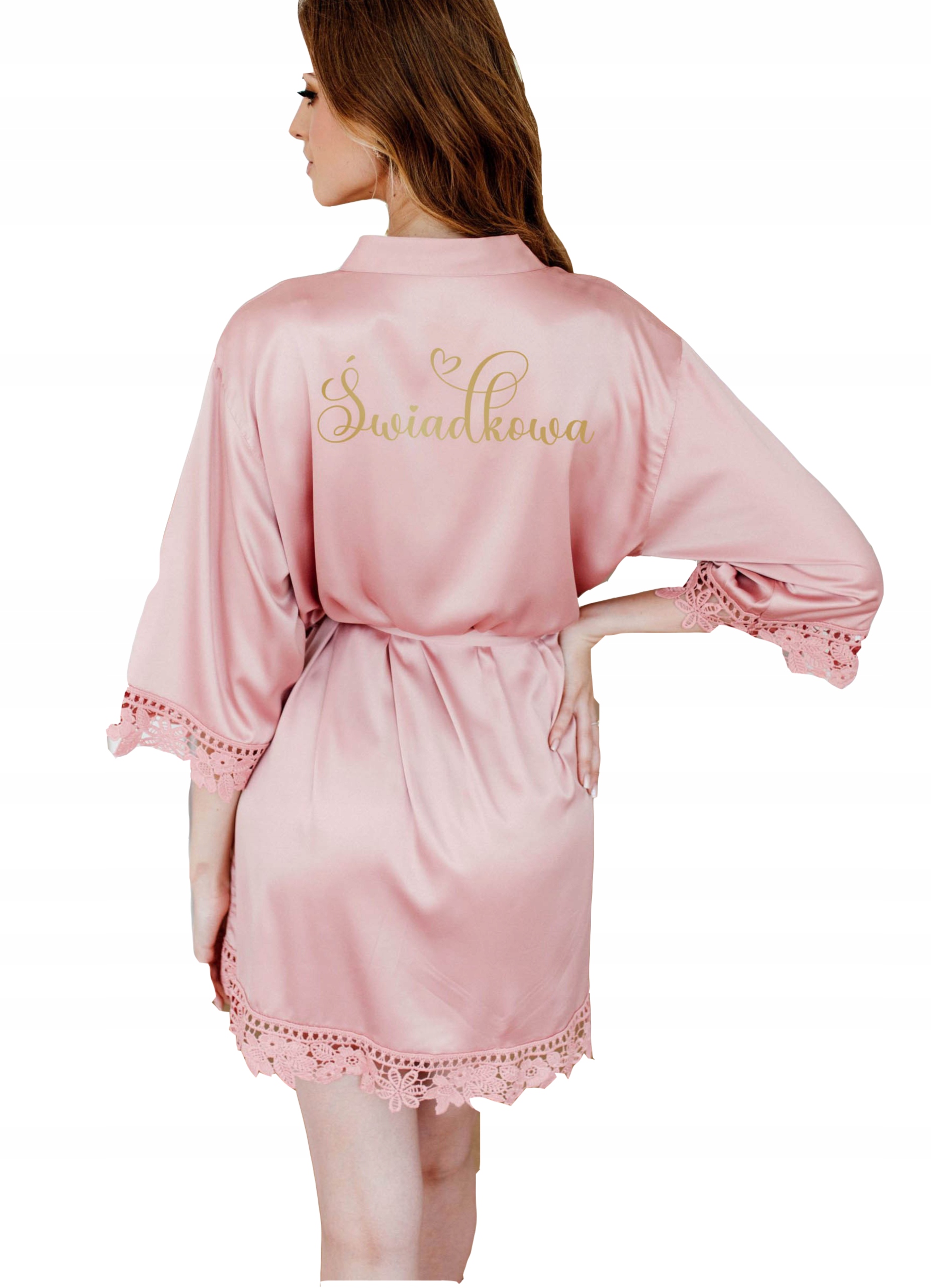 Růžový svatební župan s krajkou a svědkyní, saténový, univerzální, elegantní