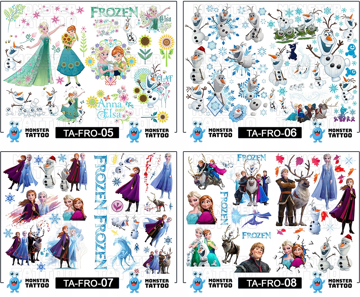 NAJLEPSZE TATUAŻE ZMYWALNE DLA DZIECI DZIECIĘCE FROZEN KRAINA LODU WZORY Liczba sztuk w zestawie 1 szt.