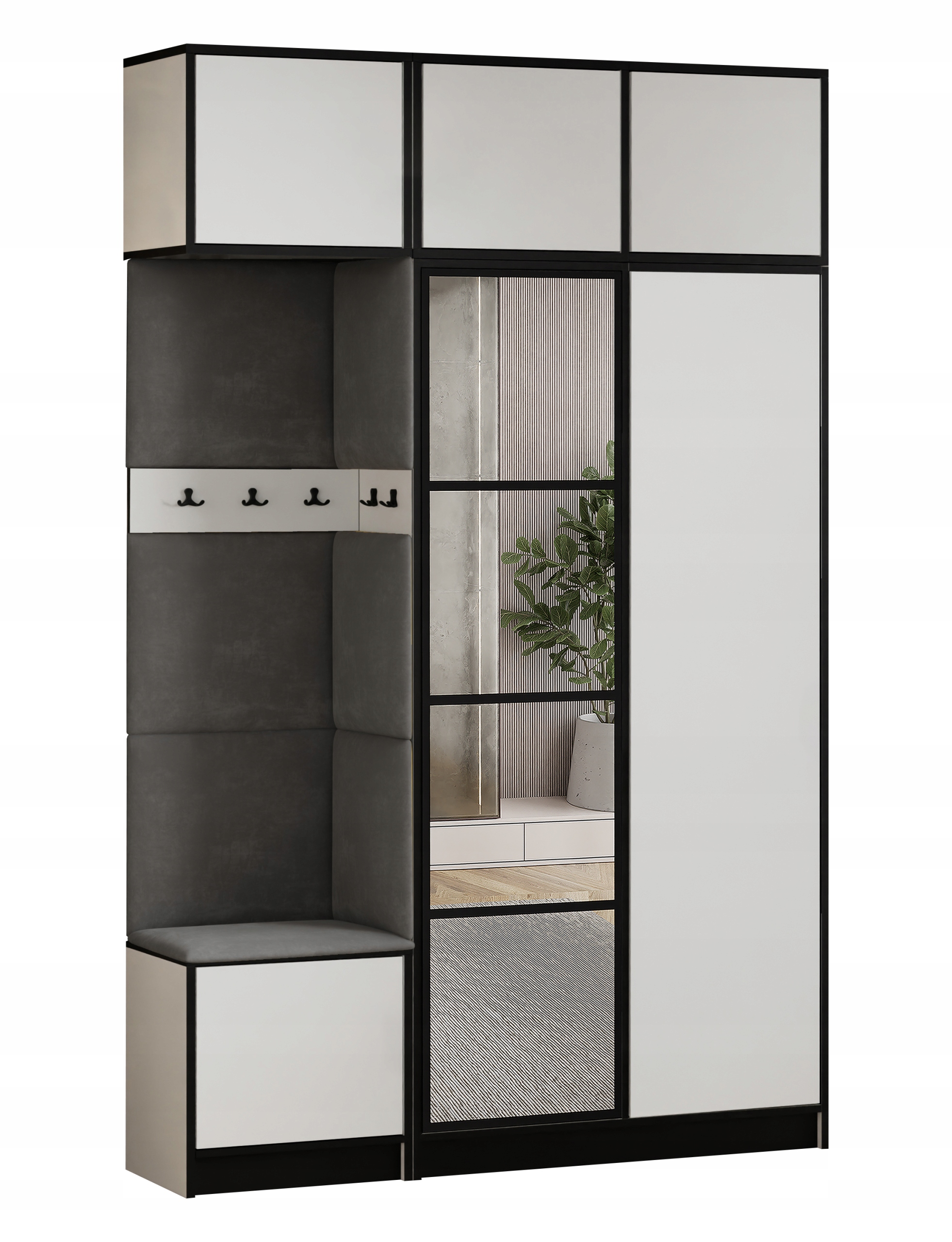 Šatní skříň Costa 13 bílá šedá tkanina, sedák s nástavcem