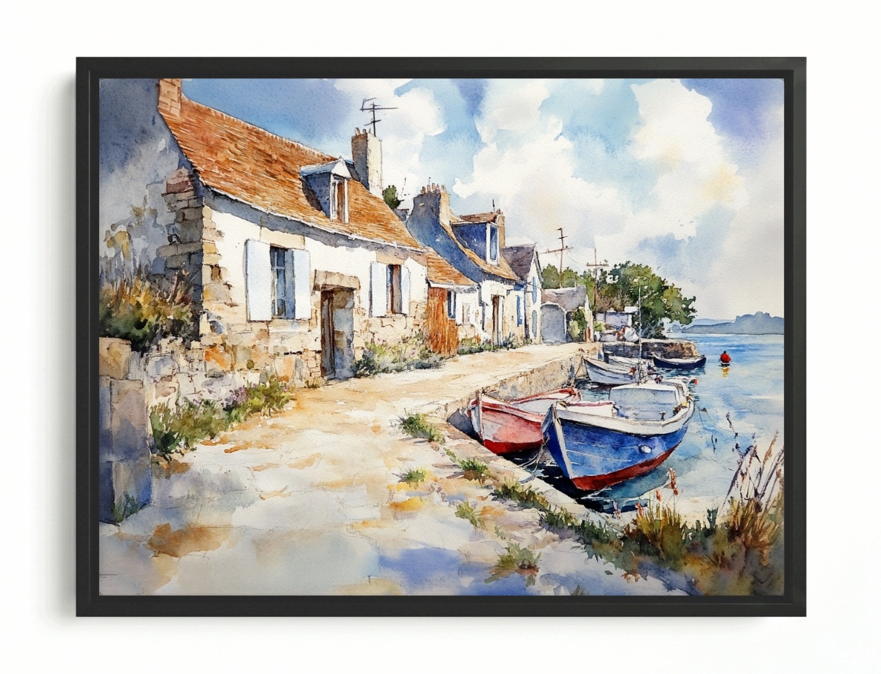 Obraz Rama American Box Rybářská Vesnička Bretaně Moře Akvarel 80x60